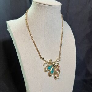 Vintage Gold Tone Statement Necklace Aqua & Pink Stones 1950s Atomic‎ MCM Retro